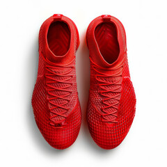 A pair of red soccer shoes, top view, white background, product rendering