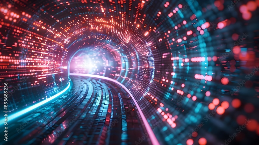 Poster swirling data tunnel with neon lights and digital particles showcasing connectivity and speed