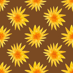 Watercolour yellow colorful flowers illustration seamless pattern. On brown background. Hand painted floral elements. Drawn Botanical. For fabric, wallpaper, wrapping. Summer, spring vibes print decor