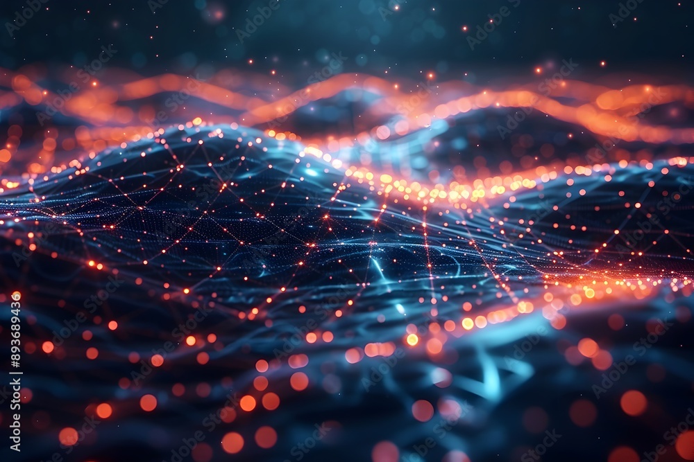 Poster glowing digital landscape with nodes and interconnected lines representing a cyber environment conce