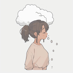 Obraz premium sad girl illustration with a raincloud over her head, representing poor mental health, brainfog and sadness