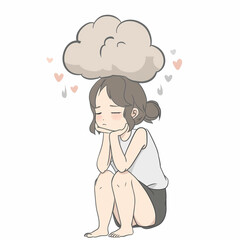 Obraz premium sad girl illustration with a raincloud over her head, representing poor mental health, brainfog and sadness