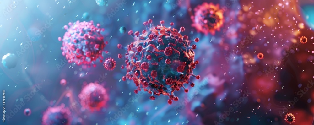 Poster colorful digital rendering of virus particles floating in a microscopic environment, showcasing the 