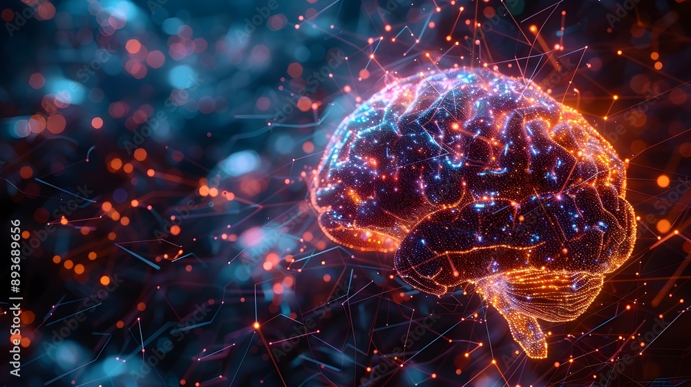 Poster glowing digital brain with illuminated neural network intelligence cyber background