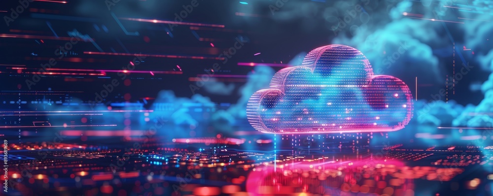 Poster futuristic cloud computing technology concept with neon glowing digital cloud symbol and abstract da