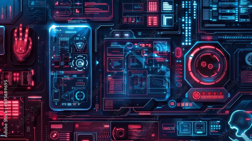 Poster futuristic digital interface with neon lights, showcasing advanced technology and high-tech controls
