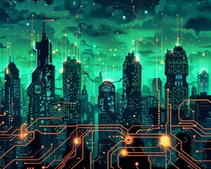 Obraz premium Futuristic Smart Cyber City illustration: Innovative Urban Landscape, futuristic technology and cyber punk concept, Graphic Resources, Wallpapers, Brochure, Websites, banner, Advertising, background