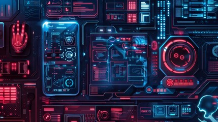 Fototapeta premium Futuristic digital interface with neon lights, showcasing advanced technology and high-tech controls in a cyberpunk aesthetic.