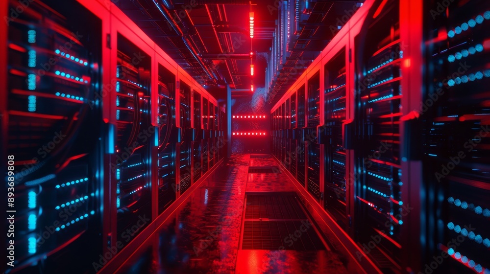 Poster modern data server room with vibrant red and blue lights, showcasing advanced technology infrastruct