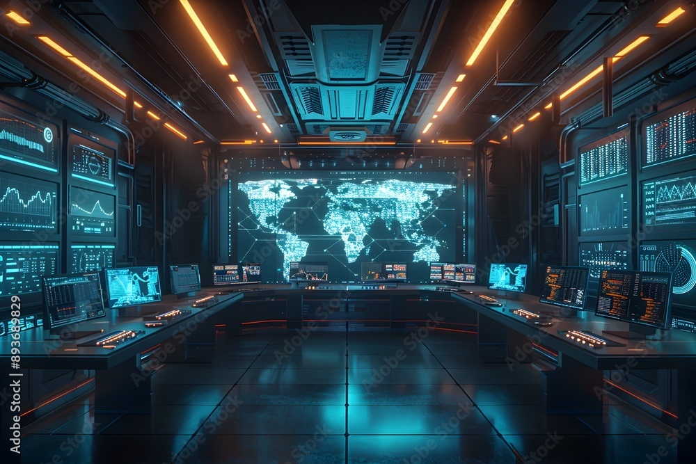 Poster high tech command center with holographic maps and data analysis screens in dark cyber background