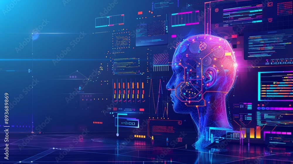 Aufkleber futuristic ai concept with a digital human head and data streams, representing artificial intelligen