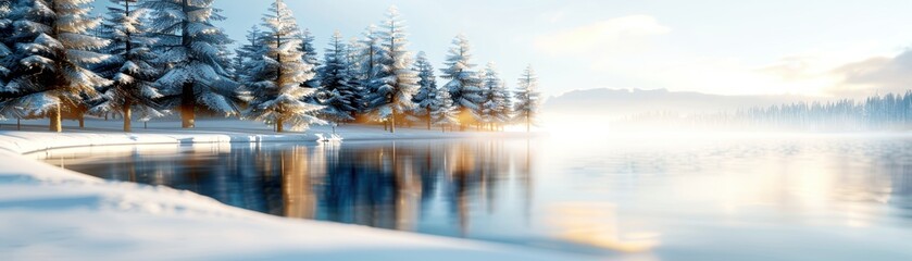 Serene winter lake scene with snow-covered trees reflecting in calm water under a bright sky, perfect for a peaceful nature background.