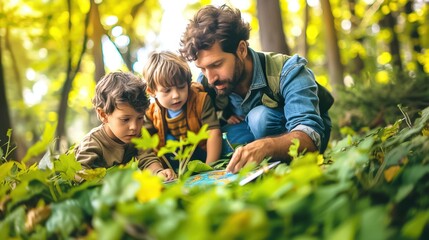 Fototapeta premium Father teaching children about nature in a lush forest, while they explore and learn together during an outdoor adventure.