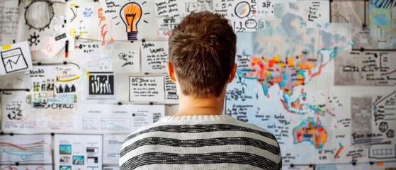Man brainstorming creative ideas on a wall full of sketches, notes, and maps, symbolizing innovation, planning, and analysis.