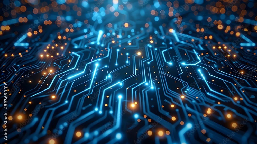 Poster glowing blue digital circuitry forming intricate cyber technology pattern background