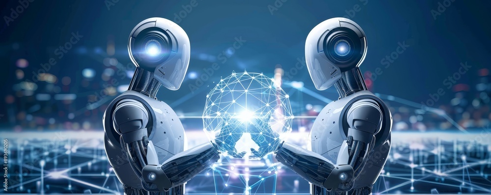 Poster two robots connecting a holographic globe in a futuristic setting, symbolizing ai and technology inn