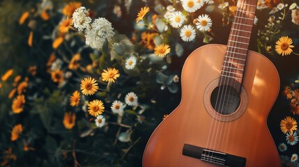 Naklejka premium Acoustic guitar in a garden among blooming yellow and white flowers with sunlight filtering through.