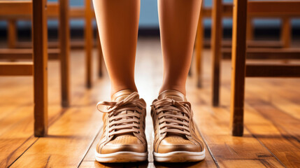 Person Wearing Sneakers Standing Between Wooden Chairs on Polished Floor