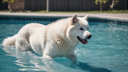 White alaskan malamute dog in the swimming pool