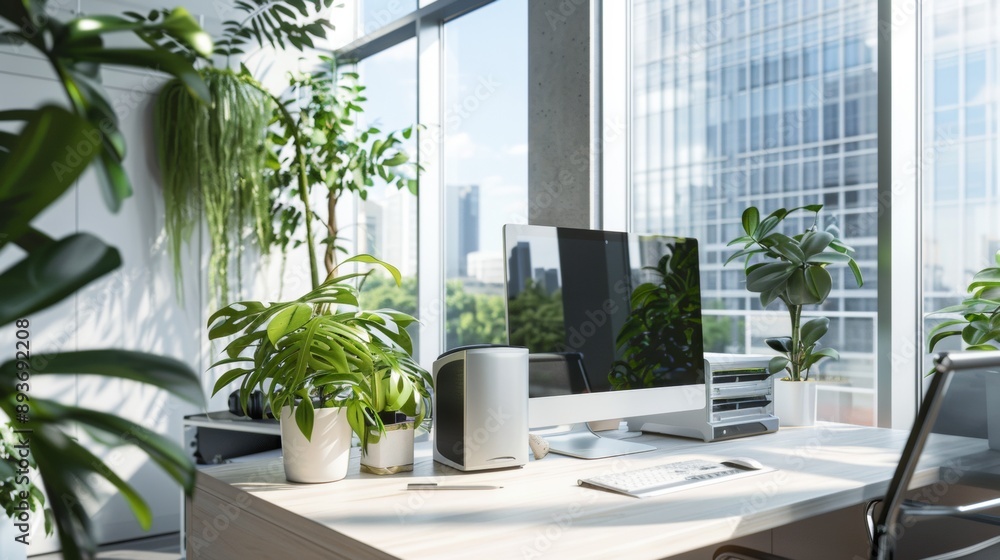 Poster a computer desk with a large monitor and a potted plant in front of it