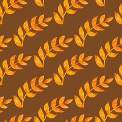 Seamless pattern of yellow twig leaves painted with watercolors on a brown background. For fabric, sketchbook, wallpaper, wrapping paper. Hand painted  watercolor floral elements. Drawn Botanical.