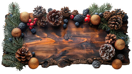 A wooden sign with a wreath of pine cones and berries on it. The sign is decorated with gold and blue balls and pine cones. The sign is meant to be a festive decoration for the holiday season