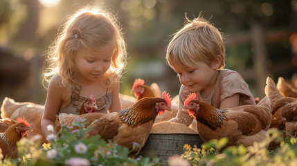 Cute little children, boy and girl, playing with chickens in the garden at sunset