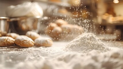 Obraz premium Blurry Image of Flour-Dusted Bakery Counter in a Professional Kitchen