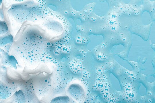 Foamy bubbles on blue surface Bath products bubbles Cleansing foam texture