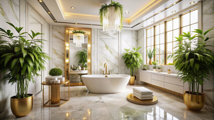 Luxurious white marble and gold bathroom features elegant flowers and lush green potted plants, creating a serene oasis perfect for relaxation and rejuvenation.