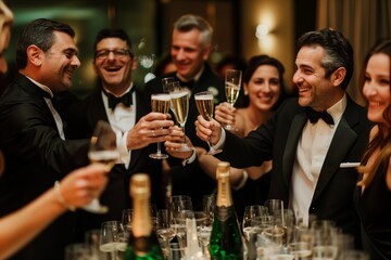 The guests at the elegant event raise their glasses of champagne in a toast, embodying luxury and sophistication. The festive and glamorous atmosphere is filled with class and celebration