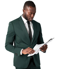 A man in a green suit is reading a book. He is wearing a black tie and has a serious expression on his face. Concept of professionalism and focus, as the man is dressed in a suit and tie