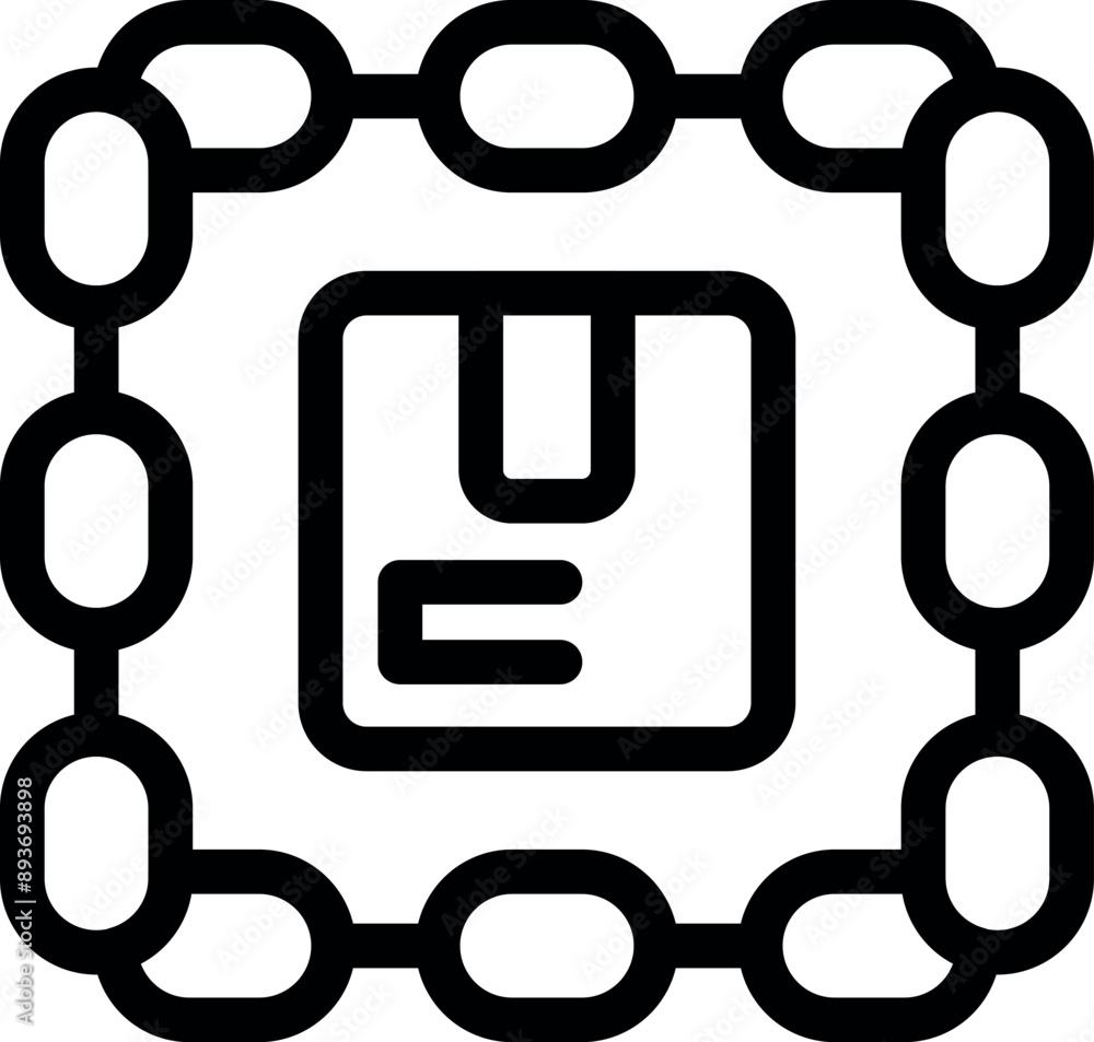 Aufkleber icon of a cardboard box surrounded by a chain symbolizing the concept of blockchain in logistics
