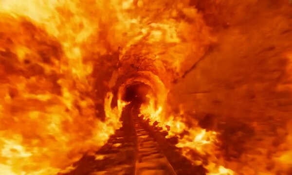 Footage flying at top speed through tunel in a hell, hyper-lapse. Way to hell. Halloween hell concept.