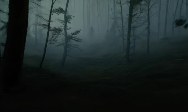 Halloween pumpkin in the forest at night. Halloween background with Evil Pumpkin. Spooky scary dark Night forrest. Holiday event halloween banner background concept	