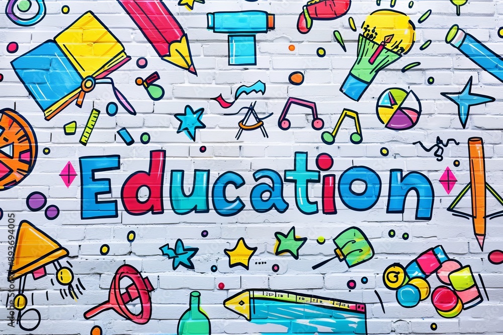 Aufkleber With vibrant colors and playful designs, the educational mural showcases learning tools and themes in a whimsical and engaging way, creating a fun environment for students to enjoy and learn