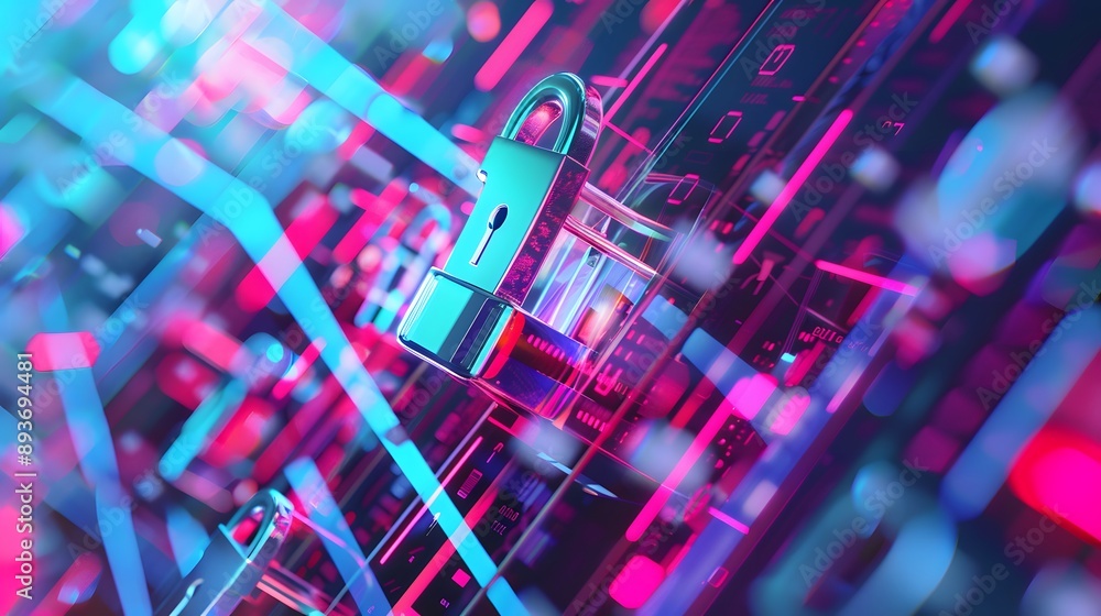 Poster a shiny padlock rests on a colorful circuit board, representing digital security.