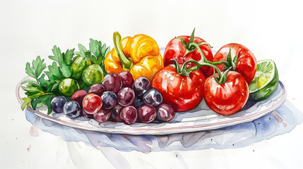 A plate of vegetables and fruits in the style of watercolor, white background, Generative AI
