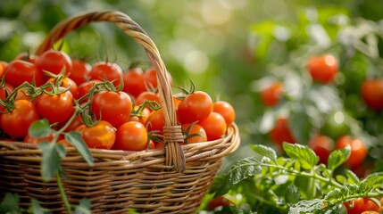 Freshly Picked Tomatoes in Rustic Basket with Blurred Farm Background