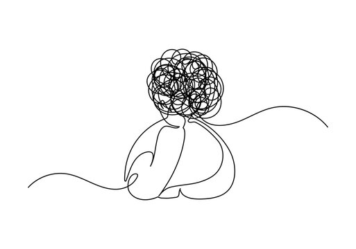 Overthinking concept. Worrying man. Continuous line drawing.