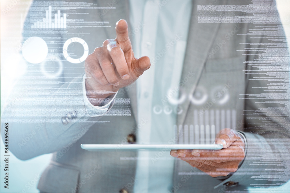 Aufkleber hands, tablet and hologram overlay in office with app, click and graphs for finance, stats or planni