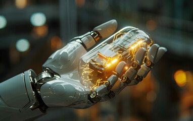 Robotic Hand Holding Glowing AI Core