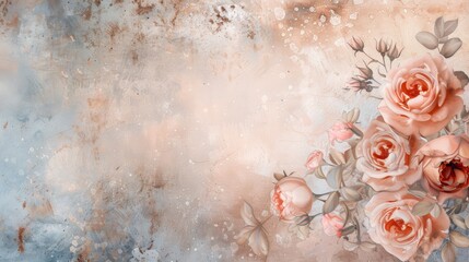 Elegant vintage floral background with pink roses, soft pastel tones, and subtle textures, perfect for invitations or romantic designs.