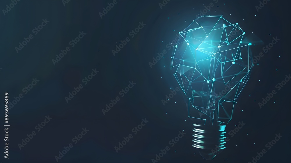 Sticker Abstract light bulb glowing with blue light on dark background.