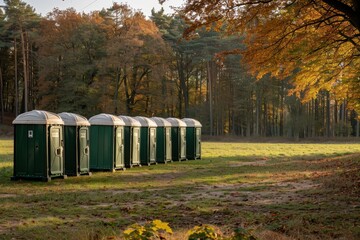 Portable chemical WC cabins at a festival near a forest