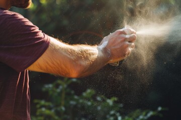 Close-up of a person spraying mist outdoors on a sunny day, highlighting the mist particles in the air. Perfect for health, lifestyle, and outdoor concepts. Generative AI