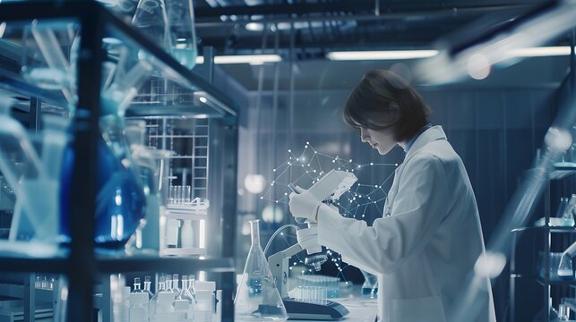 A female scientist in a lab coat examines a device in a modern lab.