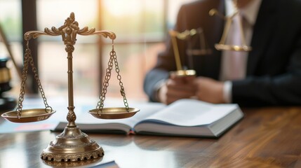 judge's scale or verdict in a room with a man in a suit with a book and pen out of focus
