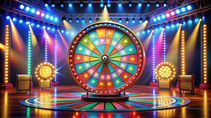 Vibrant game show wheel stands alone on a brightly lit stage, adorned with colorful prizes and tantalizing dare cards, promising thrilling challenges and surprises.