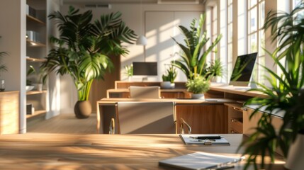 A bright and sunny office with a large window and a desk with a laptop and a pen